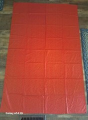 Vintage Red & Gold Handmade Tablecloth 68″ x 44″ Floral Scroll Design 1970’s