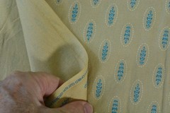 By 1/2 Yd, Blue Leaves on Tan Super-Combed-Cotton, Connecting Threads, V952