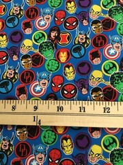 Licensed Marvel Cotton Fabric – Super Hero Stickers on blue background – 1/2 yd