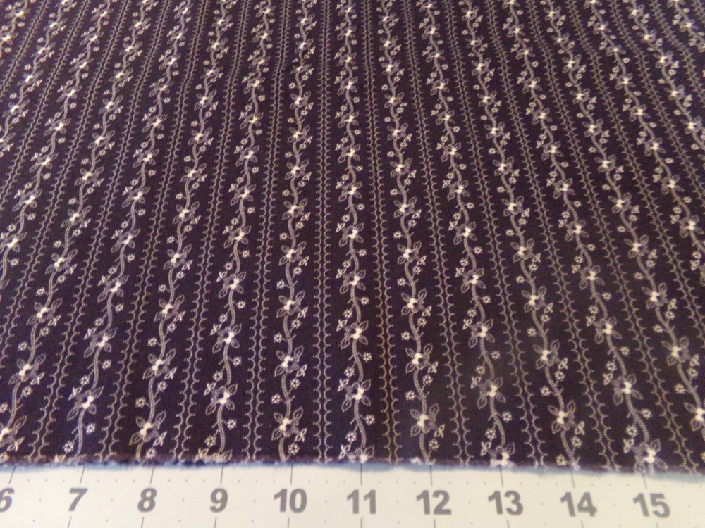 1 YD X 42″ VINTAGE BLACK W/WHITE FLORAL STRIPES UNIQUE NEW COTTON #8000