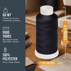 Huge 5500yards Cone Spool Bobbin Thread White Machine 2 Pack, Black and