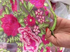 “Fuchsia Floral Lace Fabric on White Mesh with Green Leaf Embroidery – Sold by t