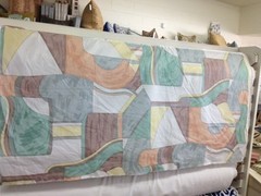 Abstract print cotton fabric by the yard pastel peach blue yellow green designer