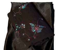 Fabric Lot Black Satin 60 X 60” Black Cotton Pink Butterflies Sequins 30 X 25”