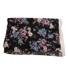 Cotton Sewing Fabric 2 Way Stretch Knit Black w Purple Flowers Flowers 1 yd x 5″