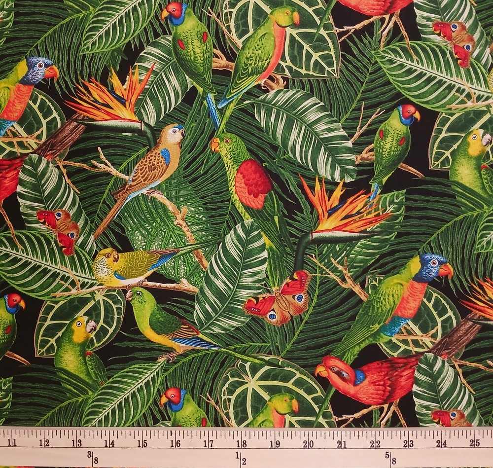 Cotton Tropical Parrots Birds Butterflies Jungle Fabric Print by Yard D388.80