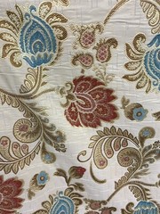 BEIGE GOLD RED BLUE FLORAL CHENILLE UPHOLSTERY BROCADE FABRIC (56 in.) Sold BTY