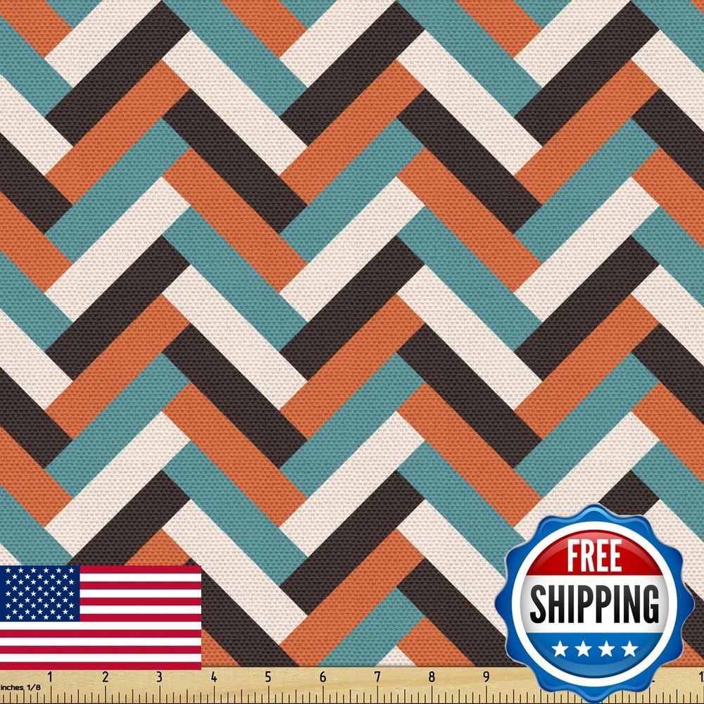Ambesonne Mid Century Fabric By Yard, Herringbone Pattern In Retro Colors