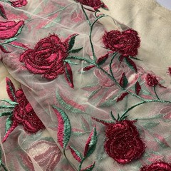Lot-Embroidered Red Roses Mesh Fabric 53” X 60” & Beige Gold Sparkles 108” X 60”