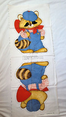 Vintage Spring Mills Raccoon Overalls Pillow Fabric Panel Uncut 12×18 2 Sided