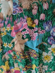 VTG Fabric Traditions Fabric Bunny Chics Hat Floral Garden 71×44 90’s