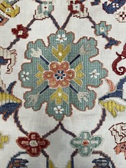 0.7 Yard Of Tapestry Red Teal Jane Churchill Embroidered Linen Drapery Remnant