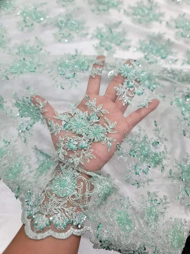 Mint Beaded Mesh Lace Fabric – Bridal Wedding Floral Design, Sold by the Yard