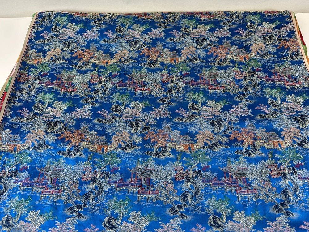 6yds Japanese Temple Courtyard Blue Silk Brocade Fabric Cherry Blossom Vtg READ!