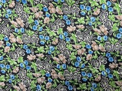 Vintage 1950’s Cotton Floral Fabric Black Green Blue Brown Mid Century