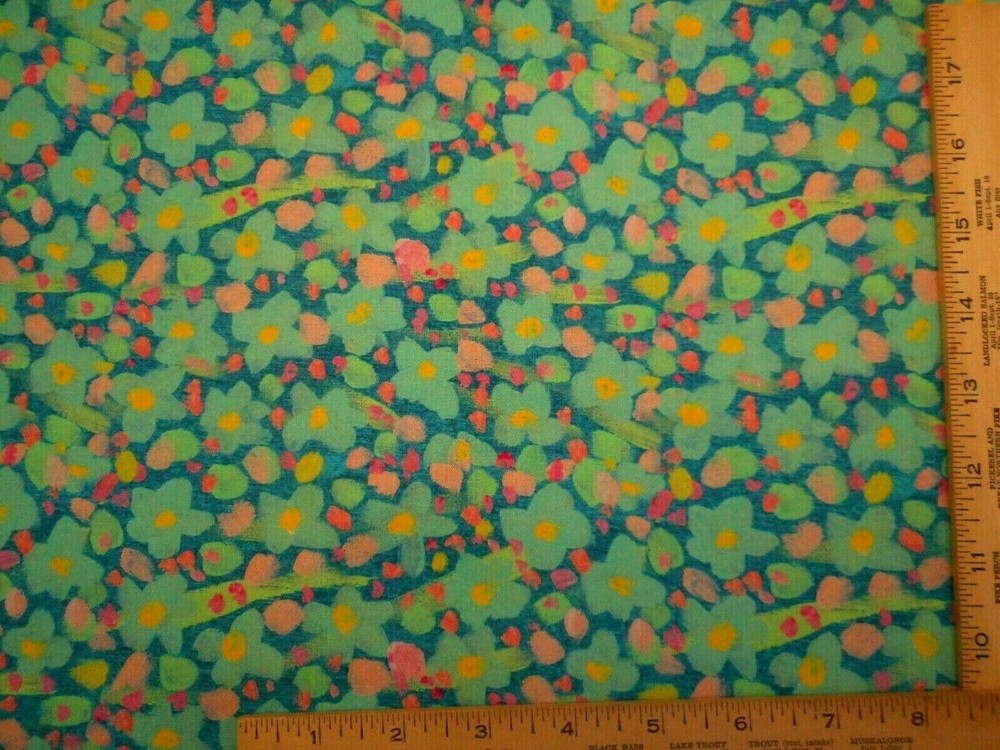 Floral Fabric By Yard Turquoise Yellow Pink on Dk Turquoise Blue Premium Cotton