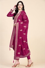 Trendmalls Womens Vichitra Silk Embroidery Salwar Suit Set Kurta Pant Dupatta
