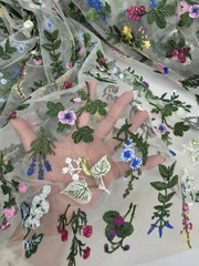 Embroidery Multicolor Floral Lace Beige Mesh Fabric Sold By The Yard Pink Yellow