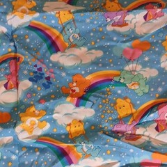 Care Bears Cartoon Print Fabric Blue Rainbow Clouds 44″ W x 89″ L NWOT Vintage