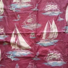 Vtg 40s 50s NAUTICAL Coastal Life Novelty Saiboat Lighthouse Fabric 37W x 3 1/3