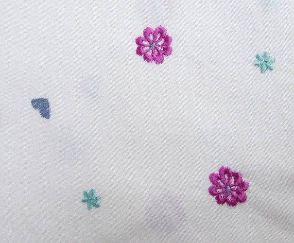 Embroidered blue hearts and rose flowers on white heavy cotton fabric 36 x 50″