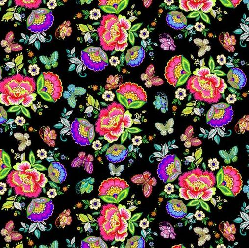 Fat Quarter – Dazzling Garden: Dazzling Bouquets Black Cotton Fabric