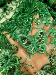 ´´Emerald Green Lace Fabric with Butterflies, Sequins, and Mesh for Dresses and