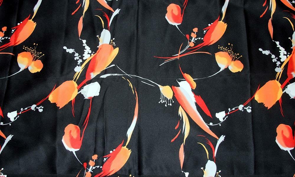 Gorgeous Orange Coral Yellow Abstract Floral on Black Satin-Silky Fabric BTY