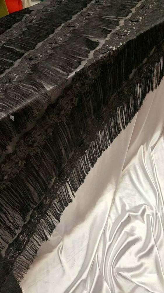 Black fringe lace 3d floral flowers embroidered on mesh fabric sold by the yard