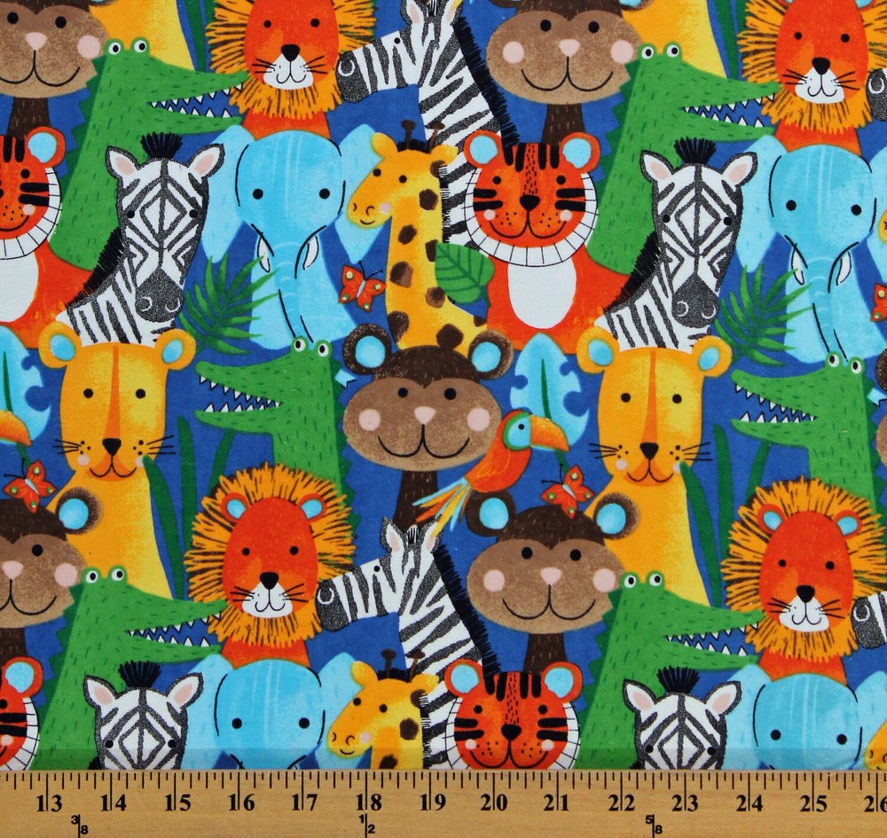 Flannel Jungle Safari Animals on Blue Kids Cotton Flannel Fabric BTY D283.19