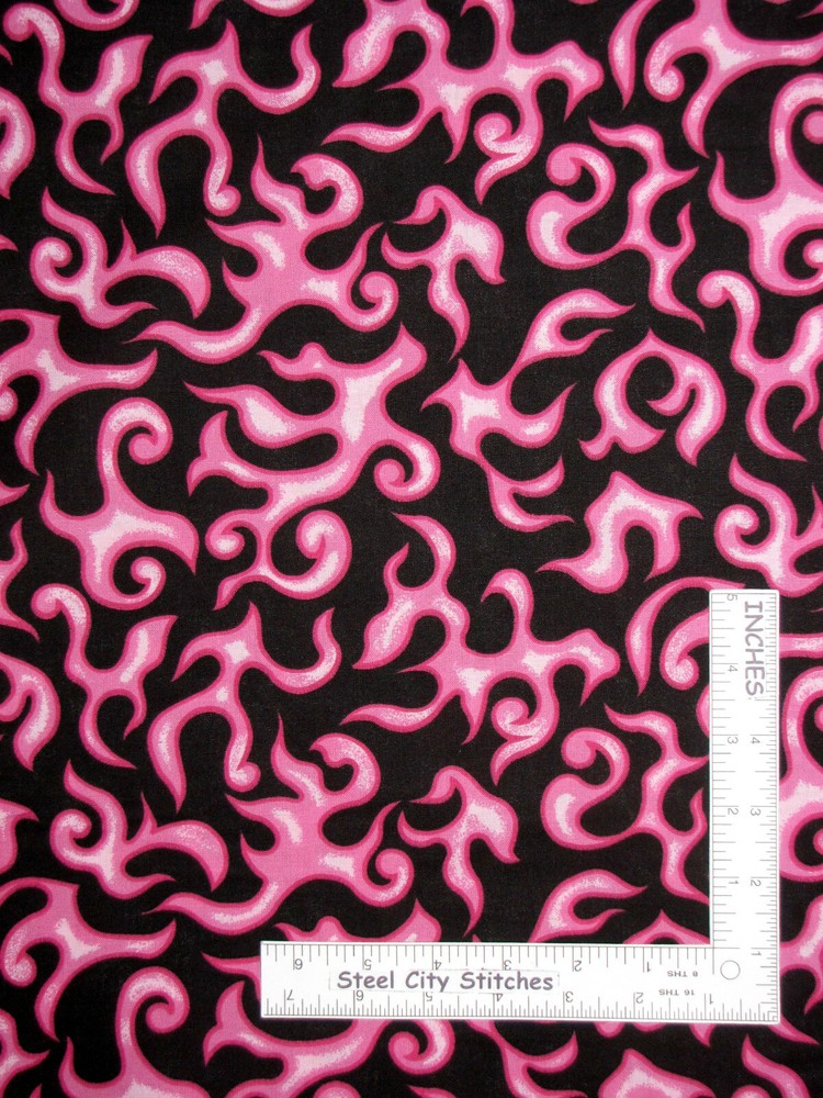 Fire Flame Pink Flames Fabric By The Yard Cotton Pink on Black