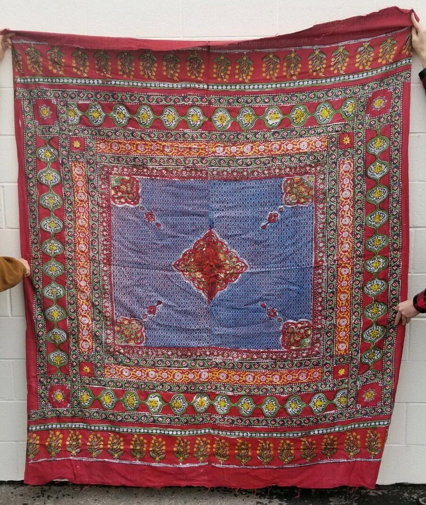 Floral Fabric Red Green Blue Textile Approximately 82 inches x 71 inches TF