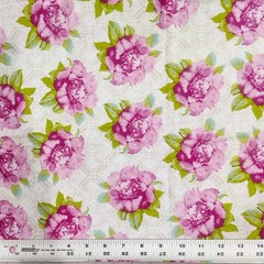 White Magenta Pink Green Peonies Floral Cotton Lightweight Knit Fabric 18 x 58