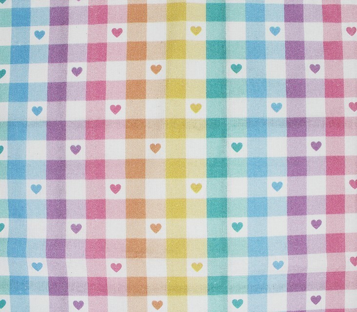 Love Check Cotton Fabric Rainbow Hearts Squares Pink Blue Valentines Day 150cm