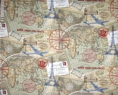 Travel Map Globe Paris Rome Fabric By The Yard Airplane Continents Cotton