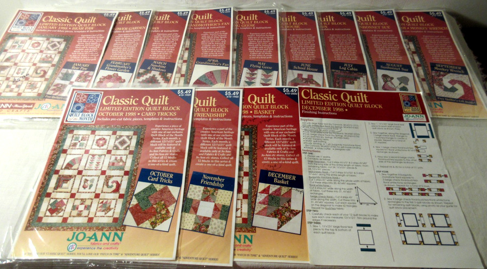 Jo Ann QUILT BLOCK OF THE MONTH CLASSIC QUILT 12 Patterns Only 1998