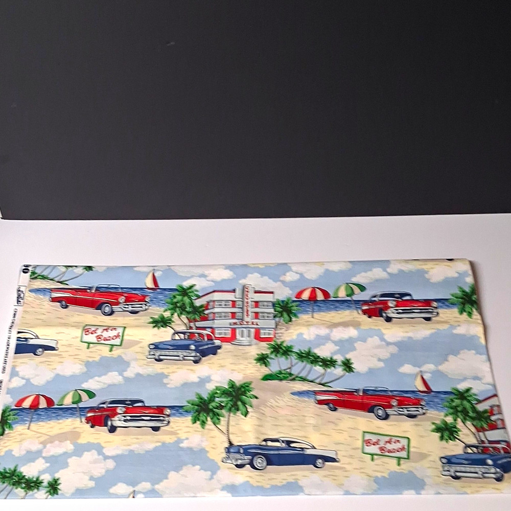 Concord Fabrics CF0999 Chevrolet Bel Air Beach Cars Print Fabric 1 3/8 Yards