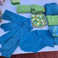 Vintage Fabric Scrap LOT Lime Green Wool Blue Mid Century Mod Aunt Leo D5