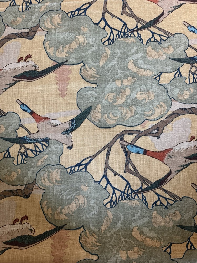 Flying Ducks Sand by Mulberry Designer Linen Fabric 2 3/8 Yards