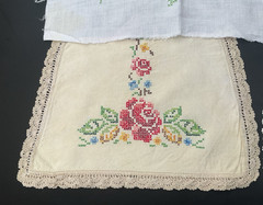 Vintage Handstitched Roses Fabric Scraps Lot Doily Slow Stitch Junk Journal – 4
