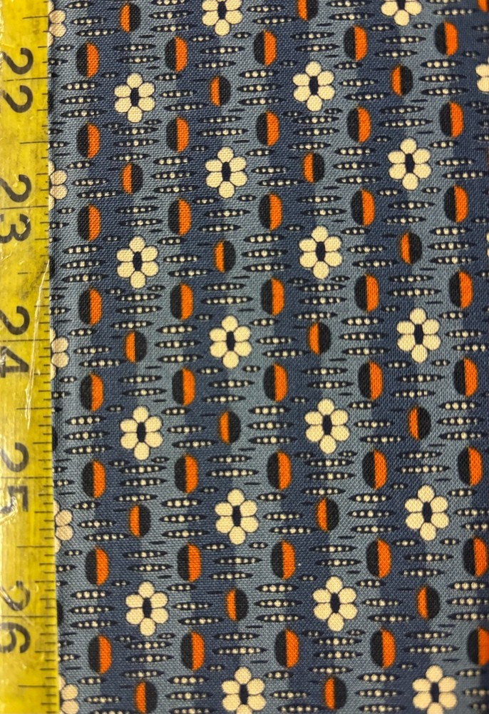 Indigo and Cheddar Marcus Fabrics mid century modern R330771 Blue white flowers