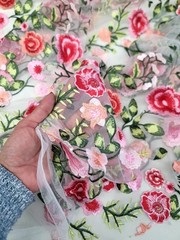 Lace Multicolor Embroidery Red Pink Floral Fabric By The Yard White Mesh Dress