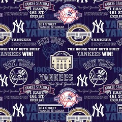 BTHY MLB New York Yankees Stadium Win Blue Cotton Fabric By The Half Yard