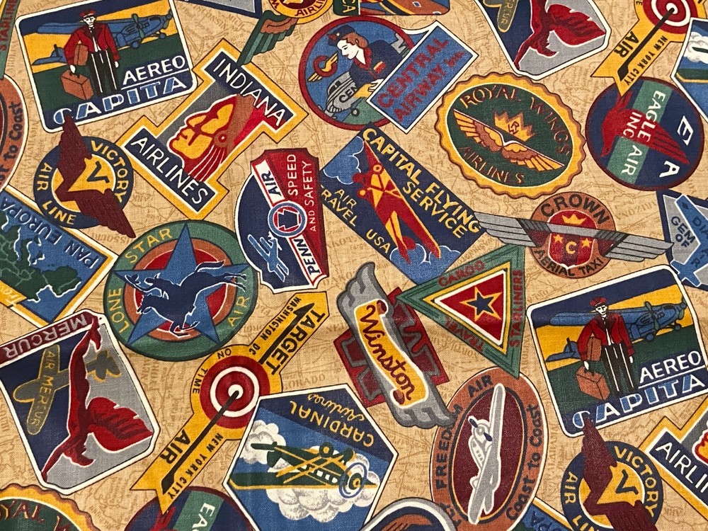 VIP Cranston Vintage TRAVEL Luggage LABELS Cotton Quilt FABRIC 1 yard