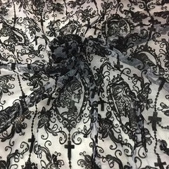 55 Inch Lace Fabric Soft Black Skull Cut by the yard, (1 Yard)