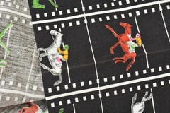 By 1/2 Yd, Red Green White Racehorses on Black Quilt Cotton, Goldinger, B1436