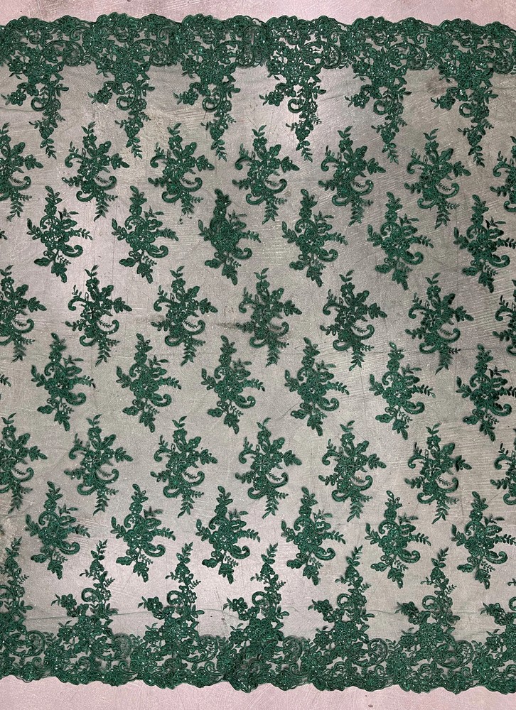 Tess HUNTER GREEN Polyester Floral Embroidery with Sequins on Mesh Lace Fabric
