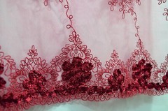 Dark Red Mesh Scalloped Lace French design embroidery Fabric W/ Mini 3D Flowers
