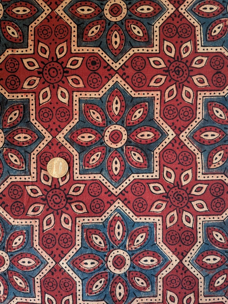 Ajrakh Geometric Pattern Cotton Fabric Red Blue Beige Quilting Crafts 2yd x 44″