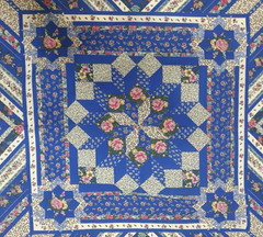 Vintage Fabric Panel 35×45 Cheater Quilt Star Rose Floral Blue Cottage Country
